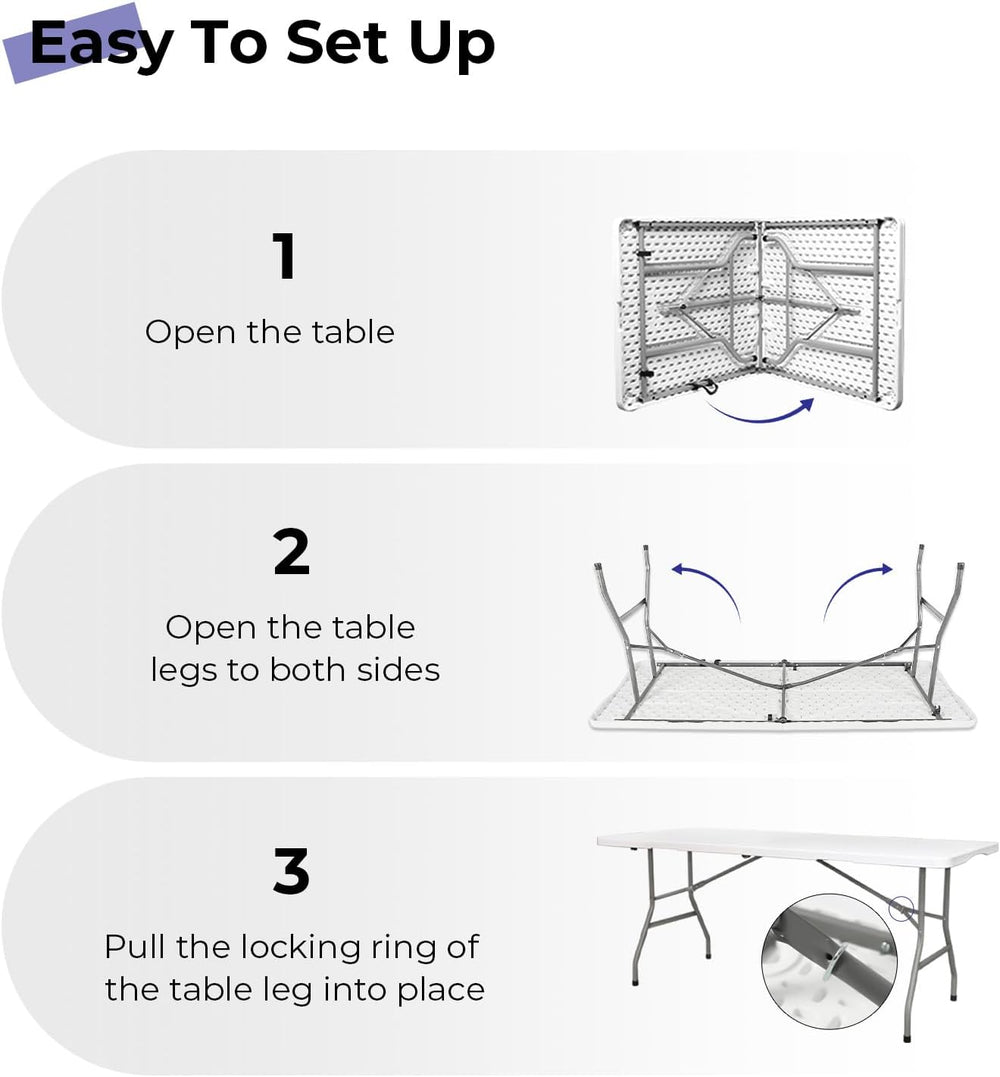 Folding Table 6ft, Heavy Duty Plastic Fold-in-Half Utility Table, White