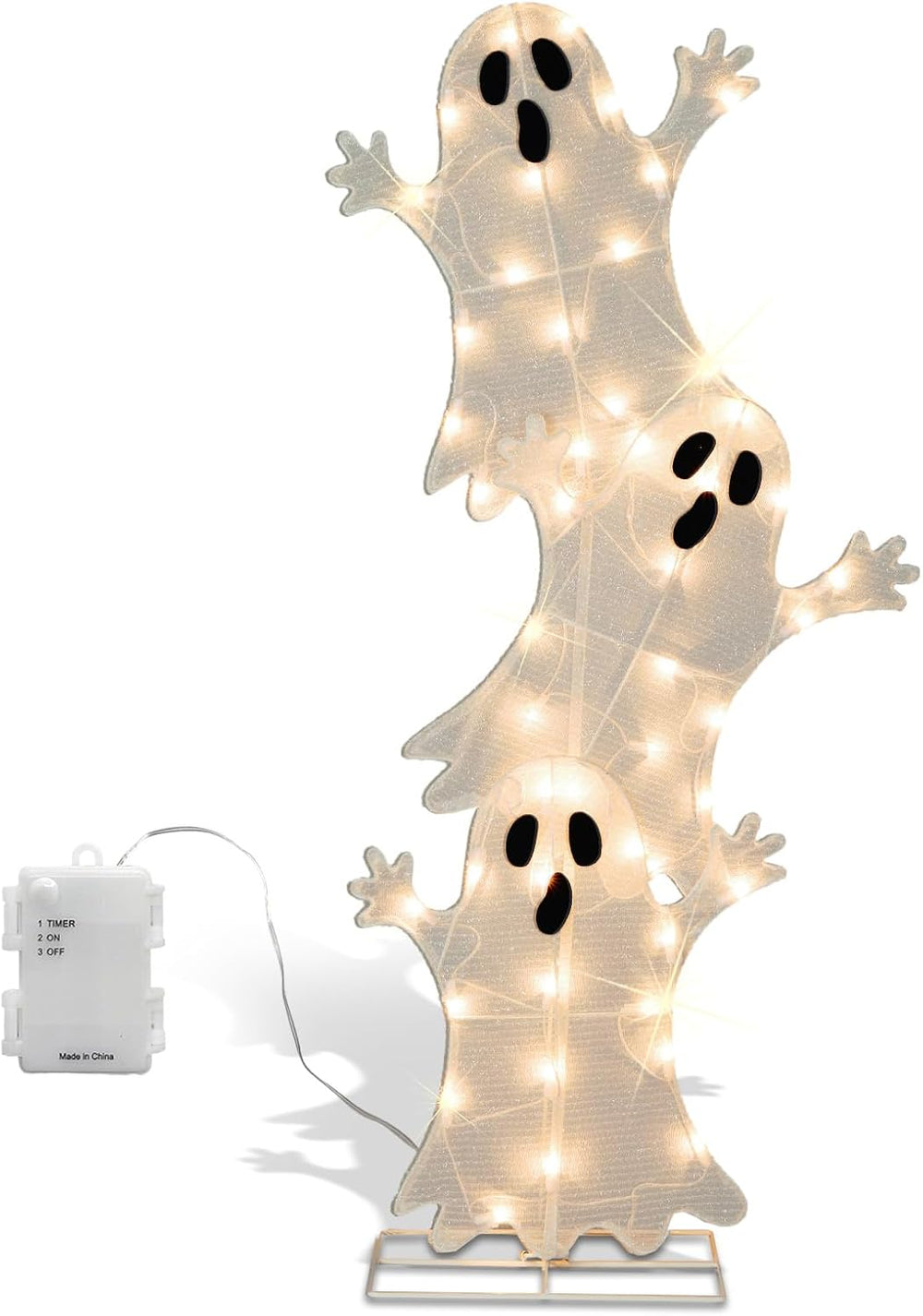 Halloween Lighted 3 Stacked Ghosts, 42’’ H Pre-Lit Lighted Ghosts with 50 War...