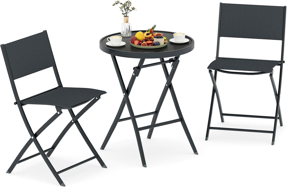 Tangkula 3 Piece Folding Bistro Set, Metal Frame Round Table & Chairs