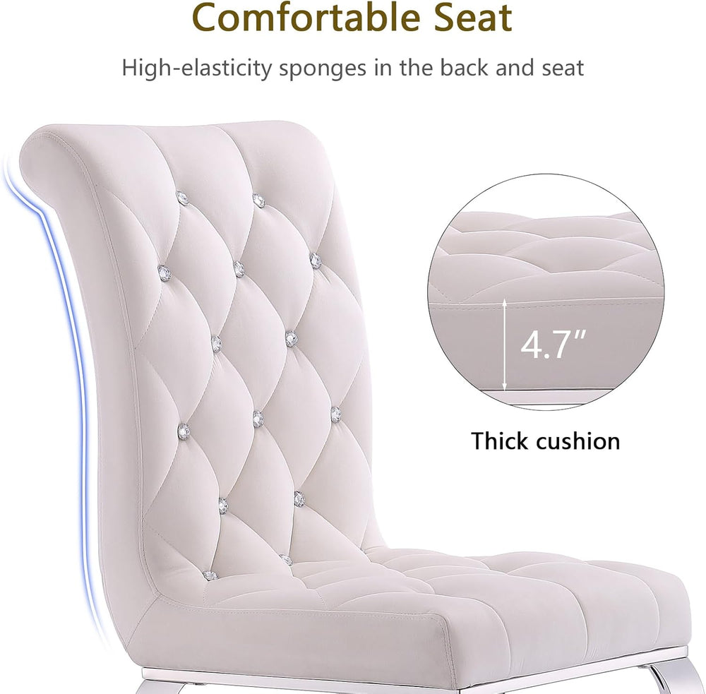 White Velvet Dining Chairs with Silver Mirrored Legs, Set of 6