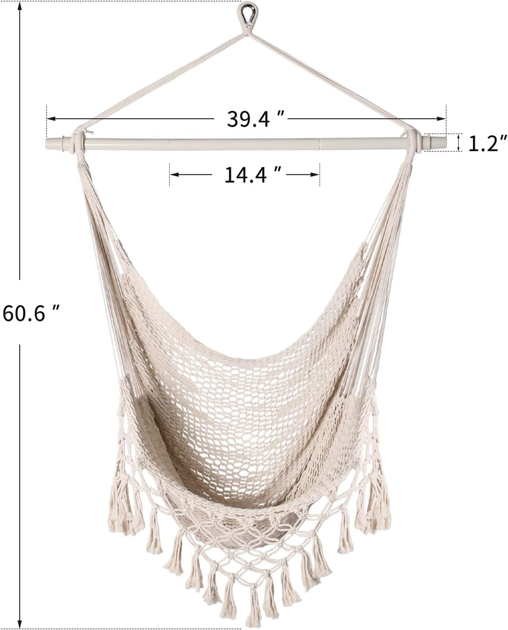 Handwoven Cotton Rope Hammock Chair with Metal Spreader Bar, Boho Hanging Cha...