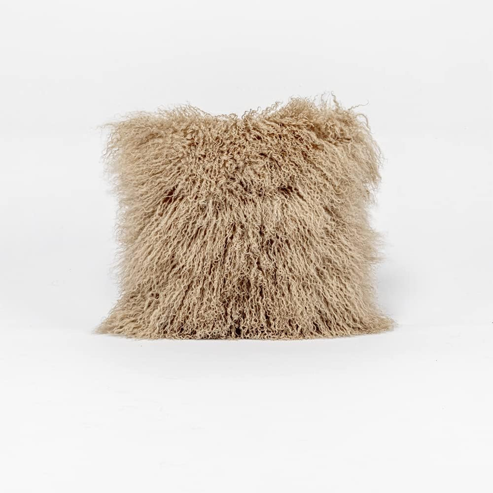 Mongolian Lamb Fur Throw Pillow Covers 16 x 16 Inch, Khaki