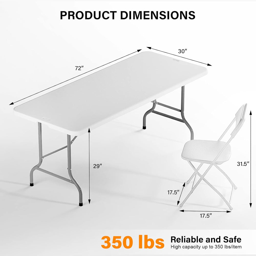 VINGLI 6 FT Plastic Folding Table Set with 6 White Folding Chairs for Picnic,...