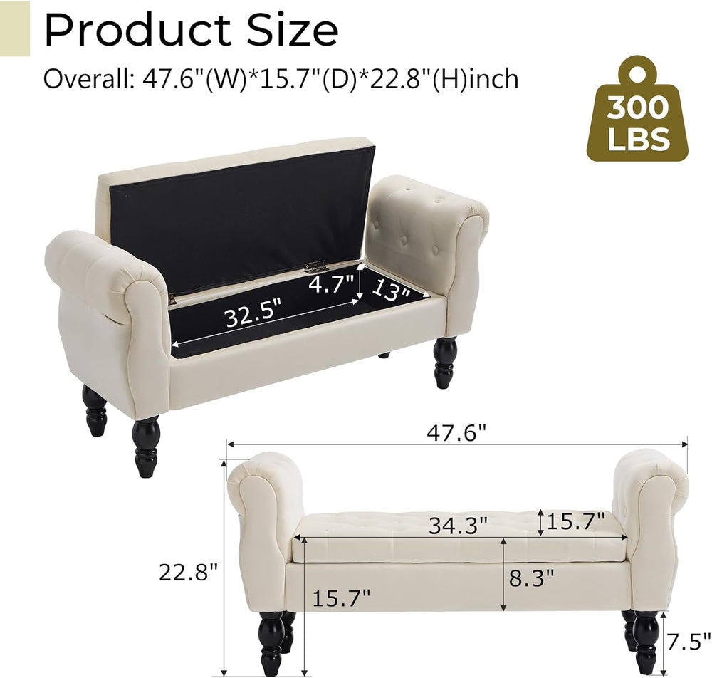 Velvet Upholstered Storage Bench with Arms and Wooden Legs, 47.6" Modern...