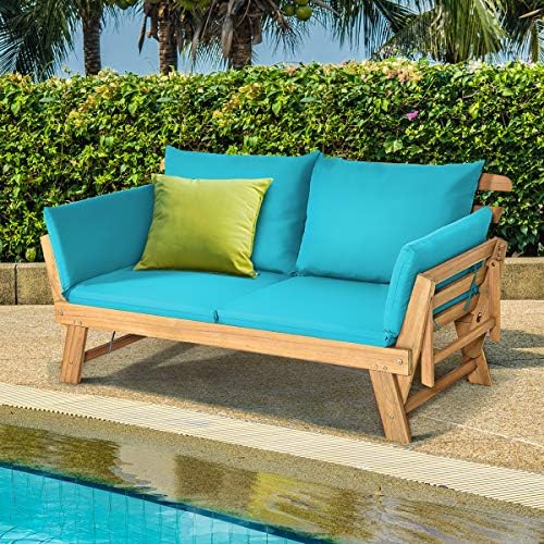 Tangkula Convertible Acacia Wood Patio Couch Sofa Bed with Adjustable Armrest...
