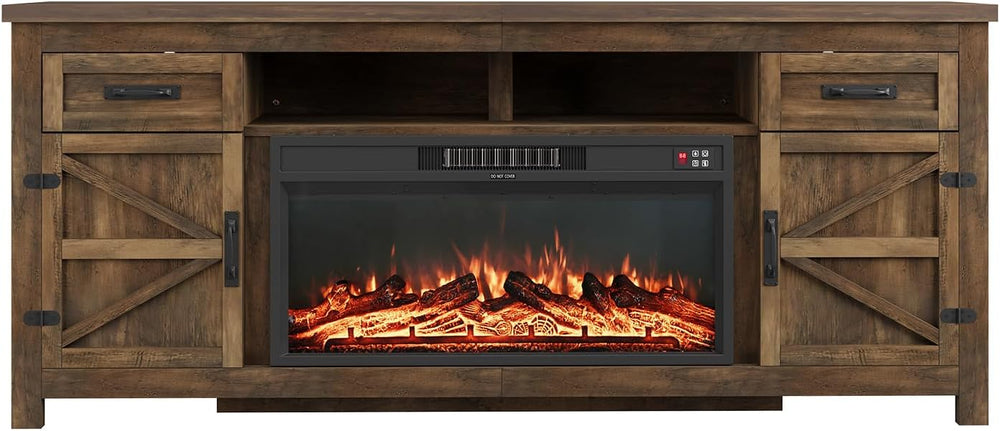 Fireplace TV Stand with Barn Door, 80 inch, Brown
