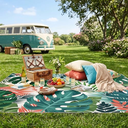 Arenarug 5x8 Monstera Tropical Outdoor Rug Waterproof, Teal