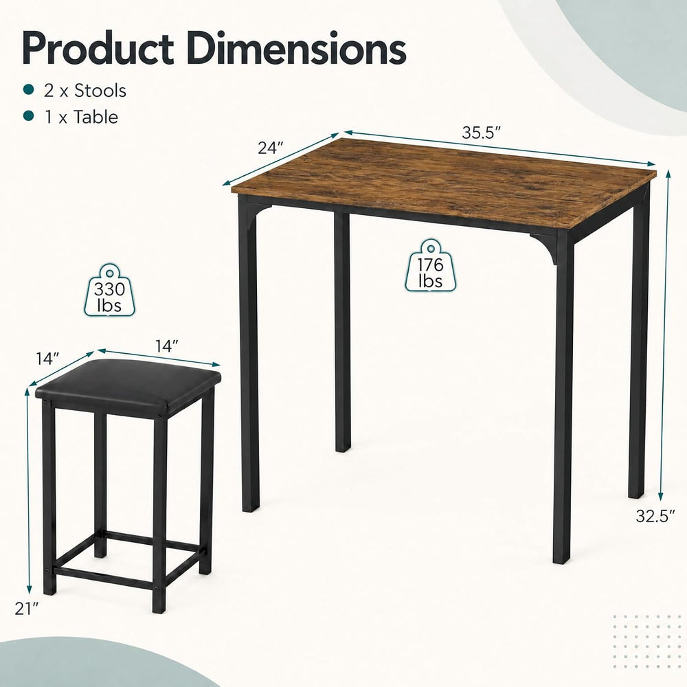 COSTWAY Dining Table Set, Counter Height Table, 2 Upholstered Stools