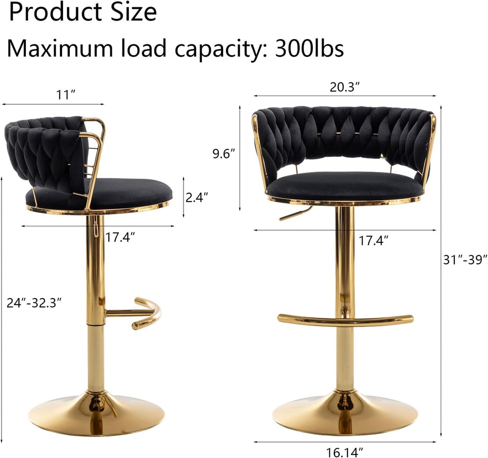 Riknuxi Velvet Bar Stools Set of 3, Counter Height Barstools with Low Back, G...