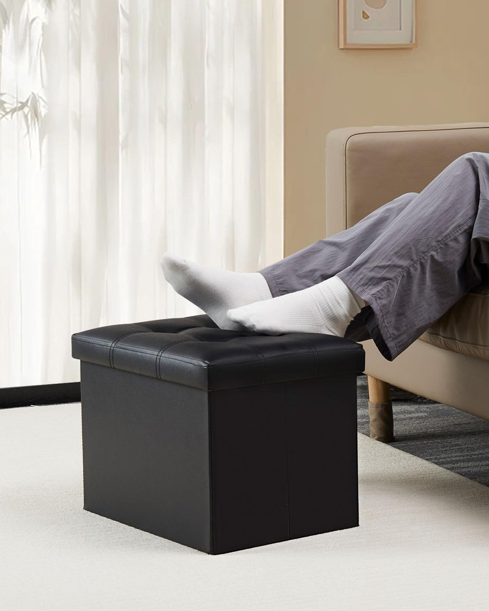Bsketa Storage Ottoman Bench, 17" Folding Leather Foot Rest,Black 2 Pack