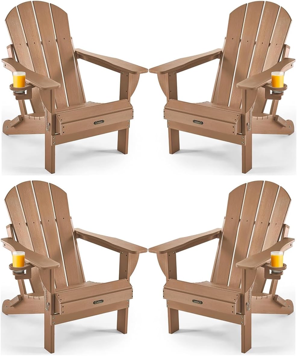 Ciokea Folding Adirondack Chairs Set of 4 with Cup Holder, HDPE, Teak