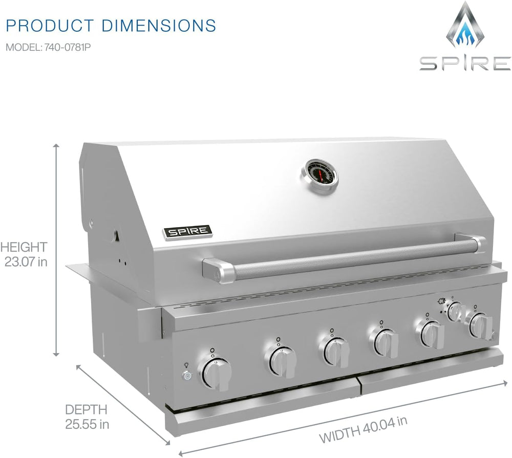 SPIRE 36" Built-in 6 Burner Dual Fuel Grill, All 304 Stainless Steel Body
