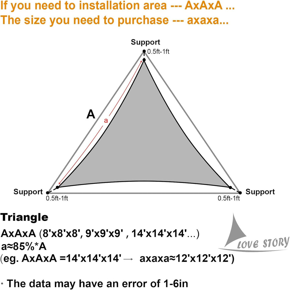 LOVE STORY 12' x 12' x 12' Triangle Sun Shade Sail for Patio, Sil...