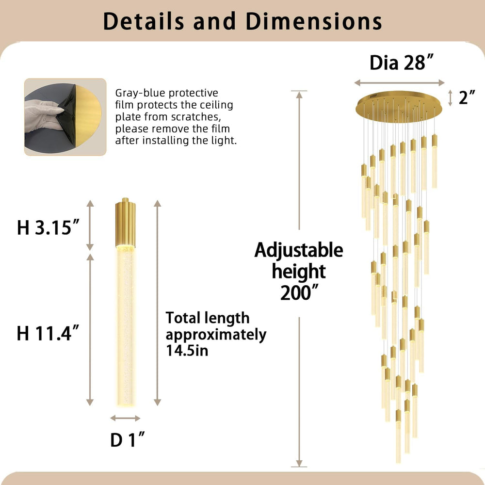 36-Light 200" High Ceiling Chandelier Long Spiral LED Dimmable Chandelie...