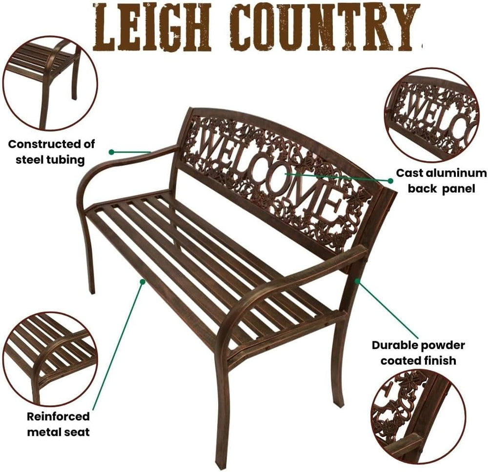 Leigh Country Metal Outdoor Bench, Welcome Design, Decorative Patio Seating f...