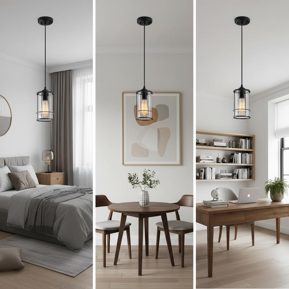 AKEZON Black Pendant Lights Kitchen Island, Farmhouse Cage Glass Light