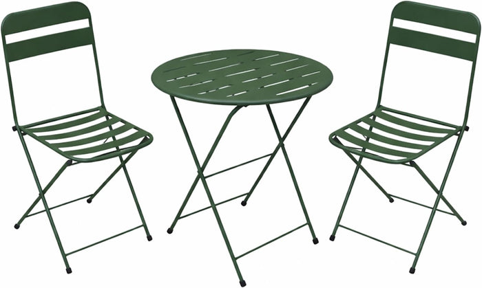 Alpine Corporation VTFAM168A-GN 3-Piece Green Metal Folding Bistro Set – 20" Round Patio Table with 2 Folding Chairs – Portable Indoor/Outdoor Balcony & Garden Furniture Set