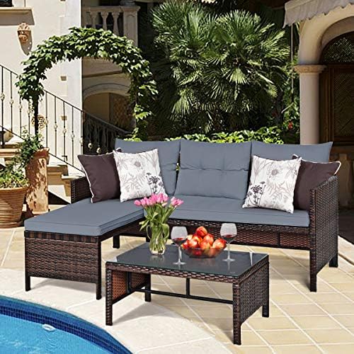 RELAX4LIFE 3-Piece Patio Furniture Set, Outdoor Wicker Sectional Sofa Set w/W...