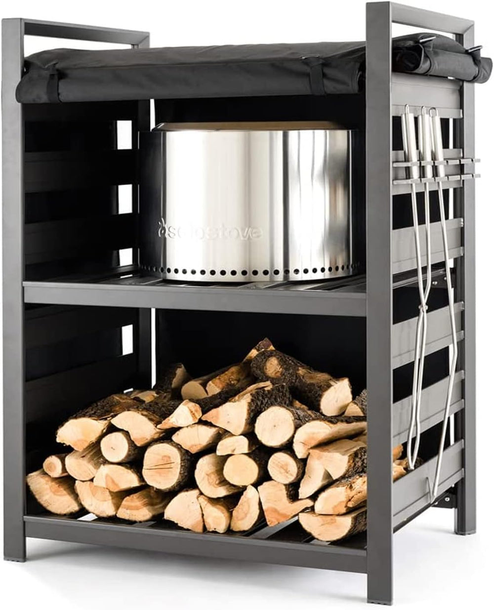 Solo Stove Station – 4.4ft Black Aluminum Firewood Rack with UV-Coated Cover,...
