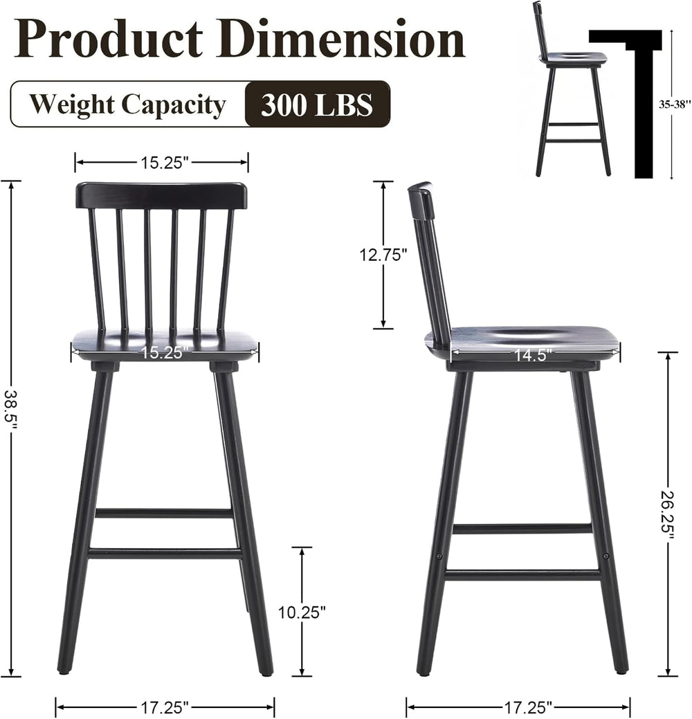 Windsor Bar Stools Set of 2, 26 Inch Counter Height Barstools Wooden Barstool...