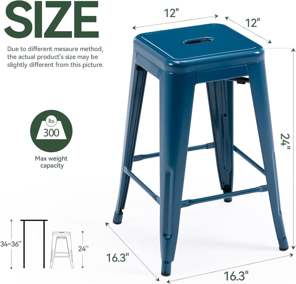 24 Inch Metal Bar Stools Set of 2, Stackable for Indoor Outdoor, Deep Blue
