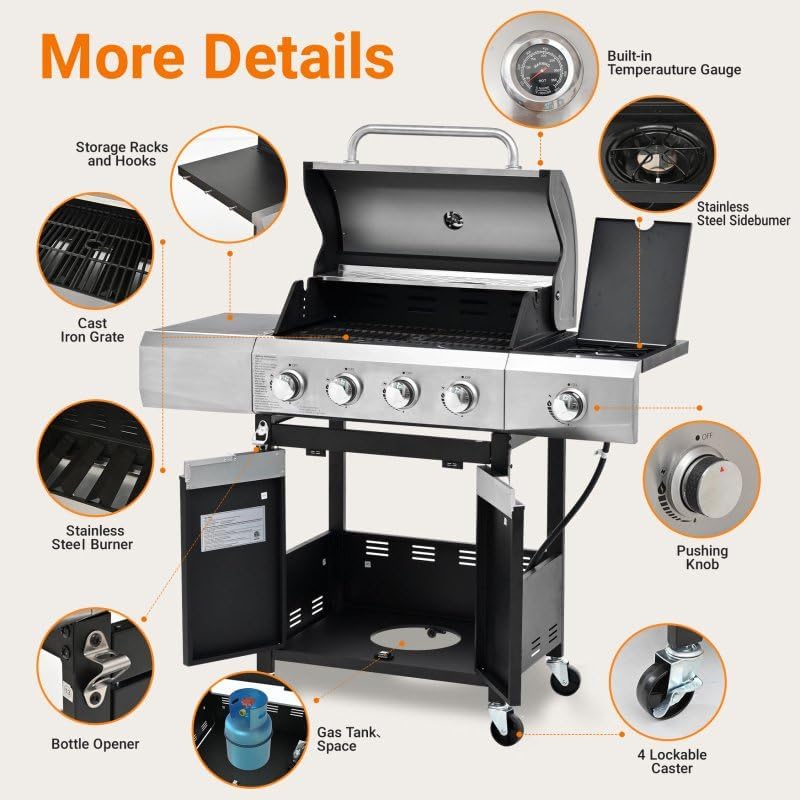 Endark 4-Burner Heavy-Duty Stainless Steel Gas Grill - Portable Outdoor Cooki...