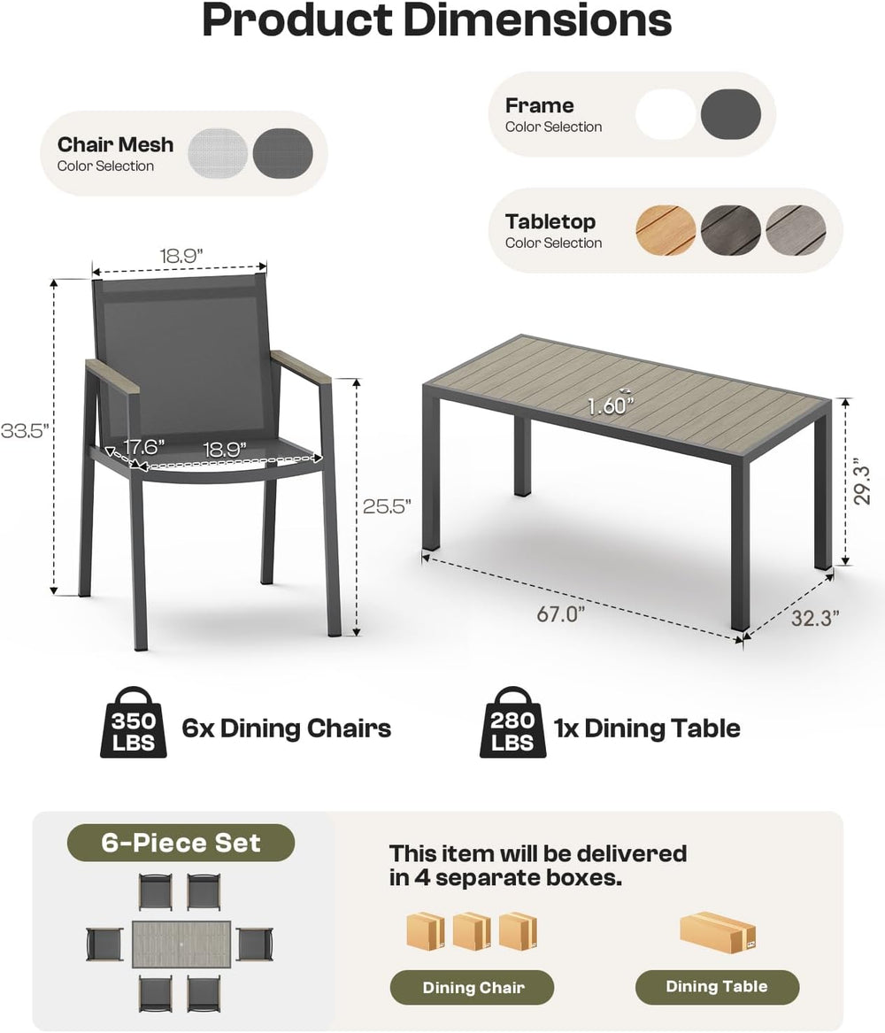 Outdoor Dining Set, 7 Piece Aluminum Patio Table and Chairs Set, All Weather ...