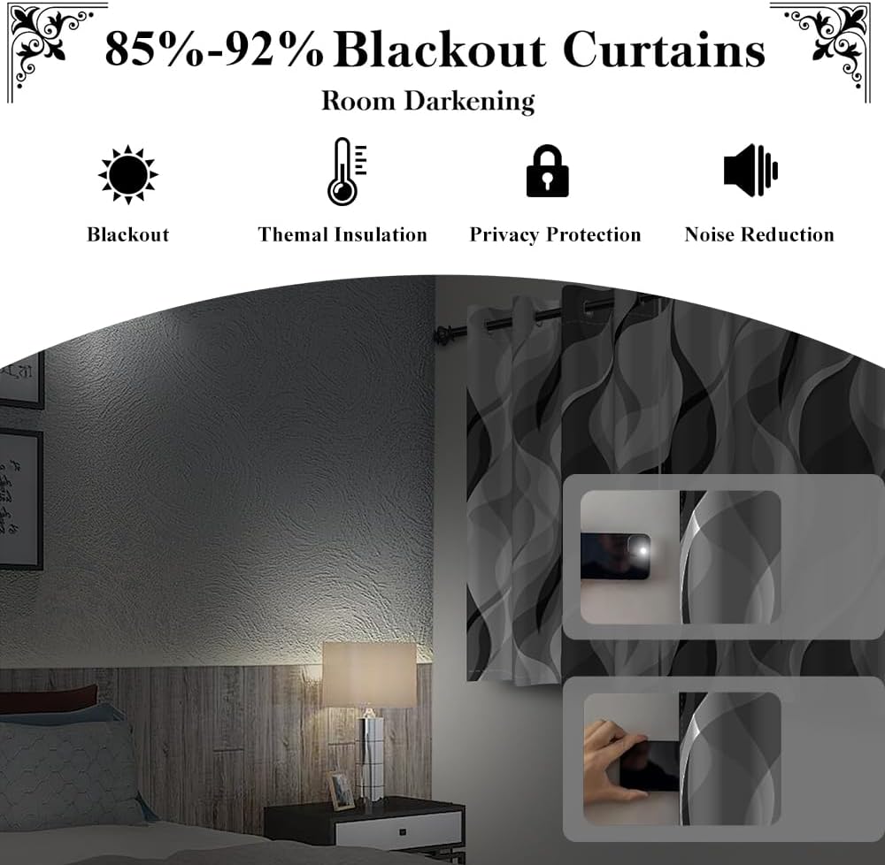 Modern Abstract Grey Striped Blackout Curtains Black and Grey Ombre Window Cu...