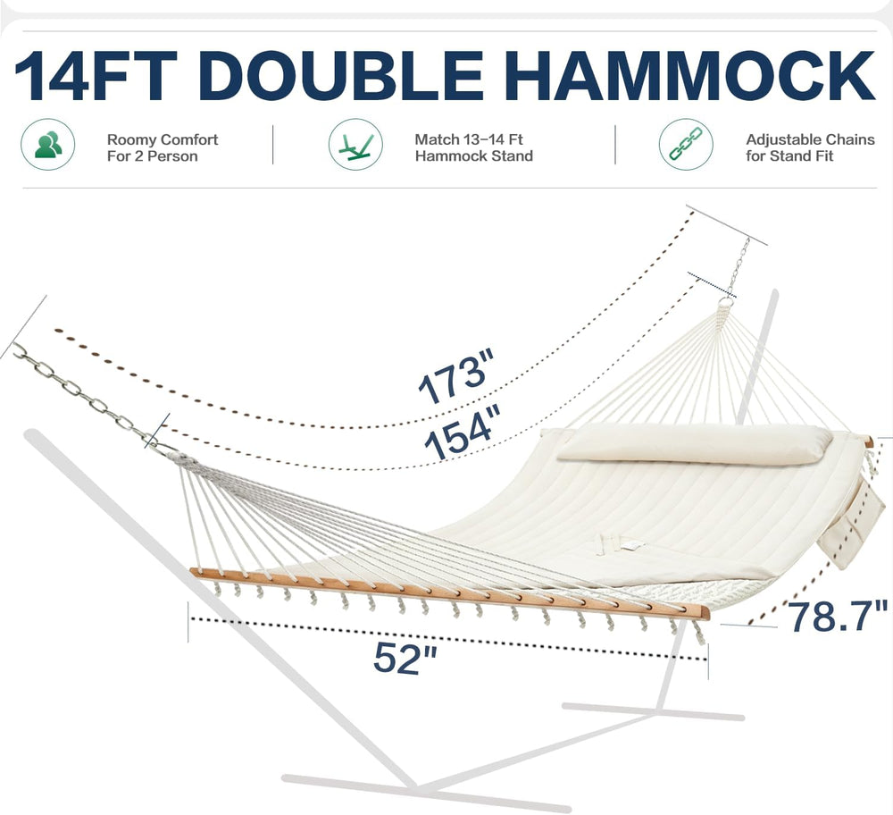 GAFETE 14FT 2 Person Handwoven Rope Hammock for Outside with Removable Pad
