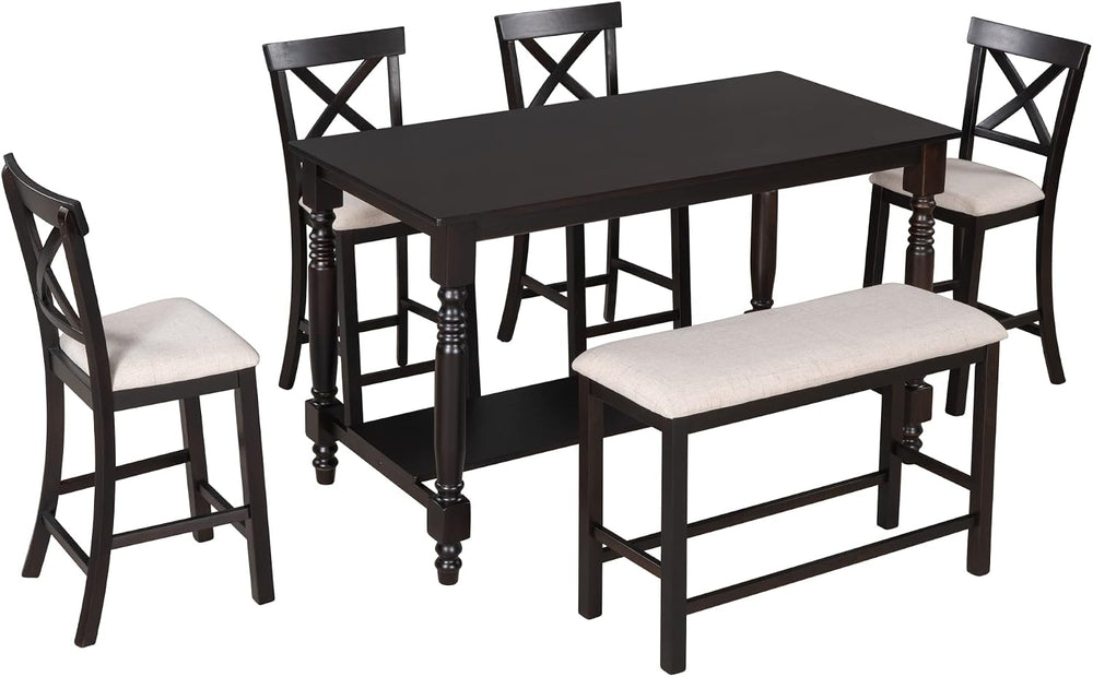 Merax 6-Piece Counter Height Dining Table Set, Solid Wood Kitchen Dining Room...