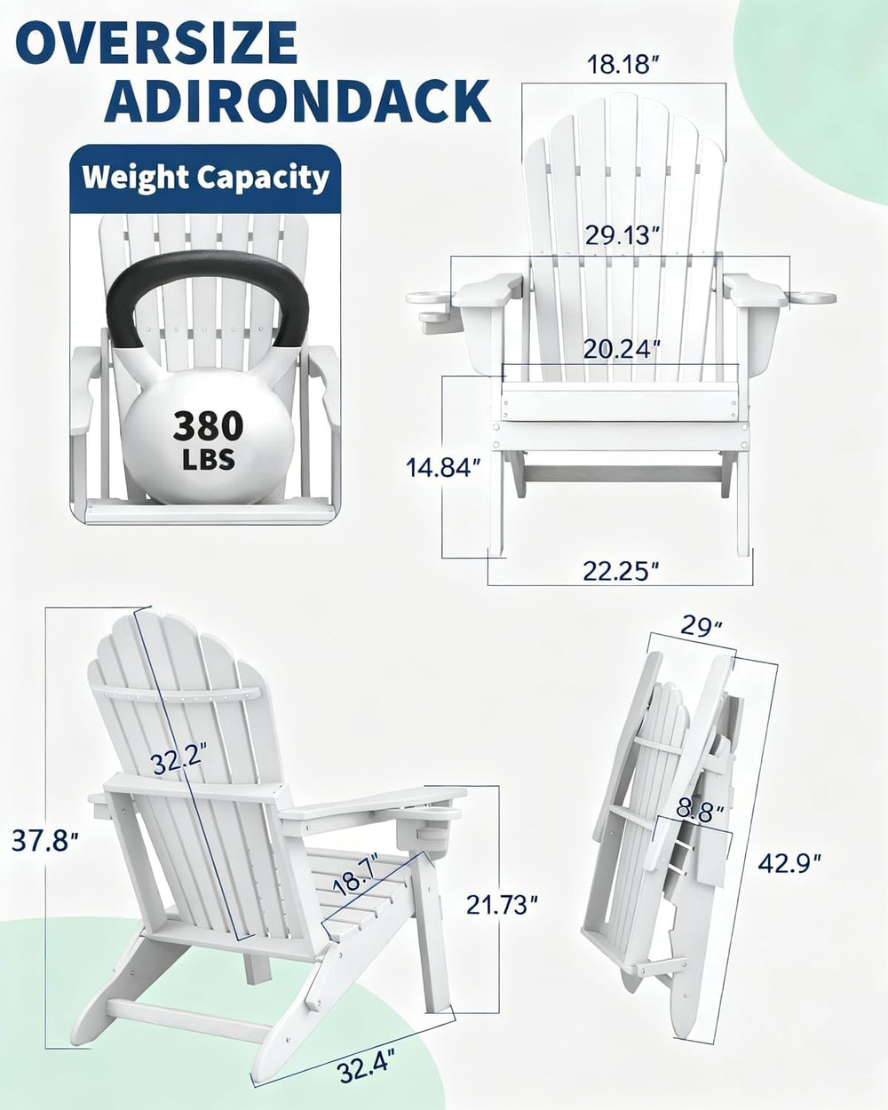 Plawdlik Oversized Folding Adirondack Chair, HDPE All-Weather Patio Chair wit...