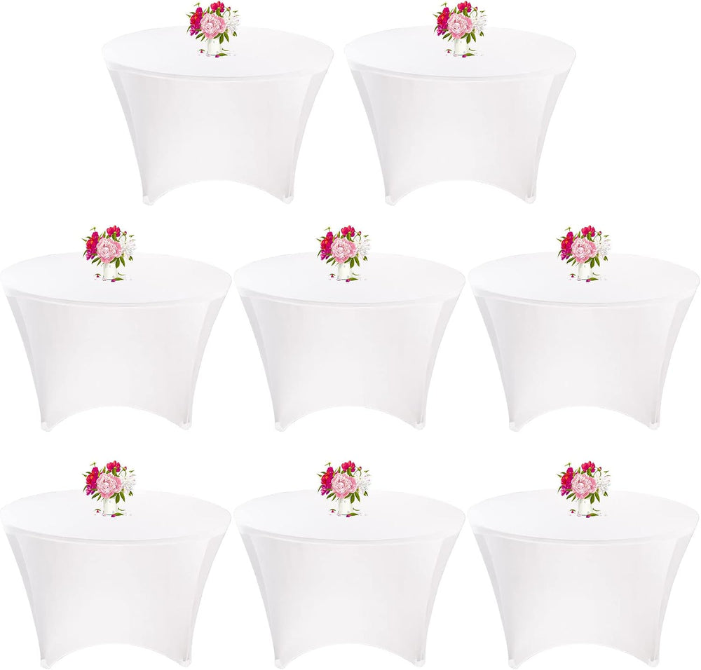 8 Pack 6FT Round Spandex Tablecloth 72” White Elastic Table Cover Washable Wr...