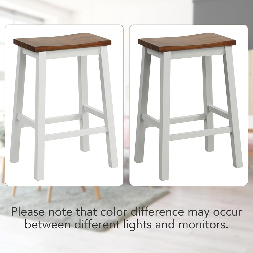 COSTWAY 24.5 Inch Bar Stools Set of 2, Solid Wood Saddle Stools w/Footrests, ...