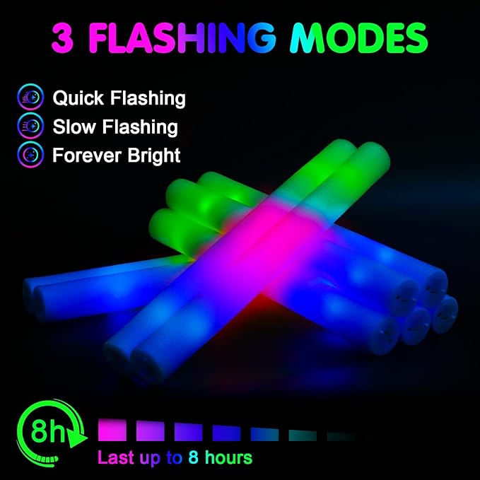 55 PCS Foam Glow Sticks, Foam Light Up Sticks Party Supplies with 3 Mode Colo...
