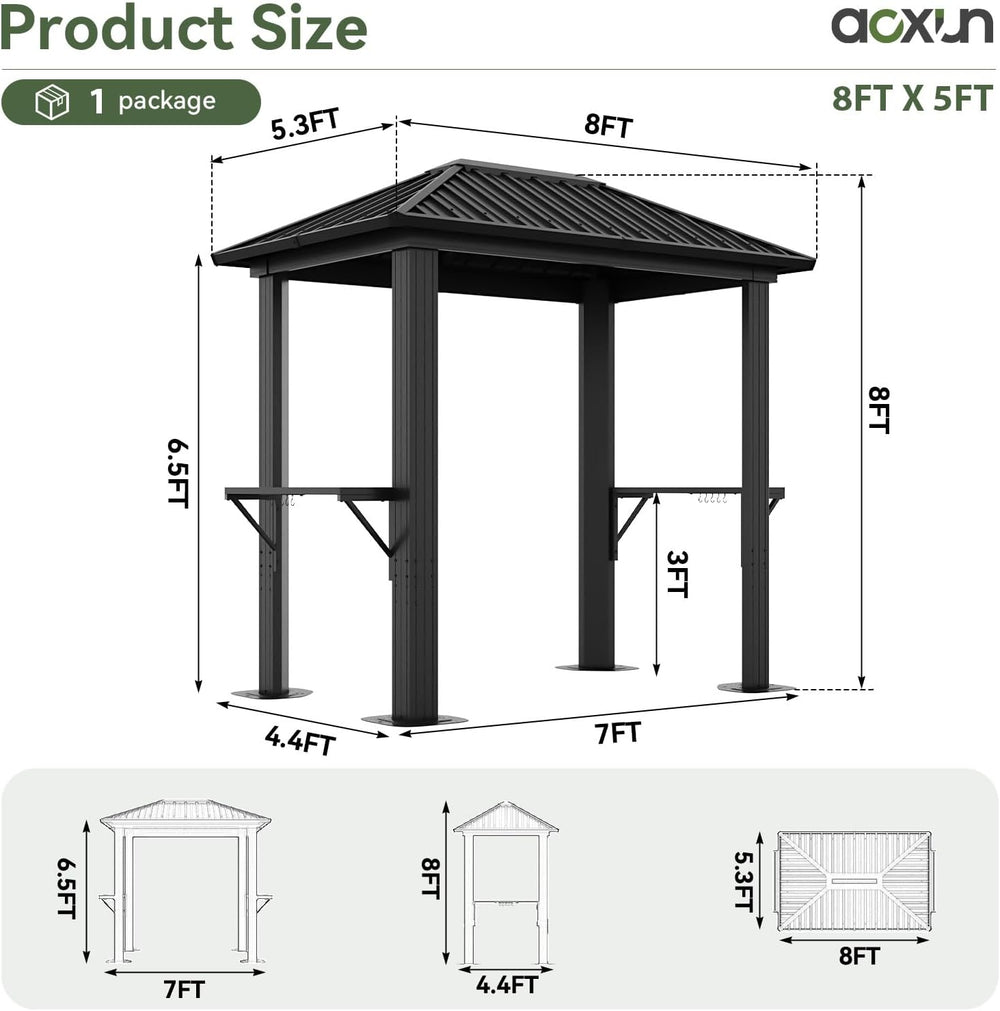 Aoxun 5 x 8FT Grill Hardtop Gazebo with Galvanized Steel Roof, Gray