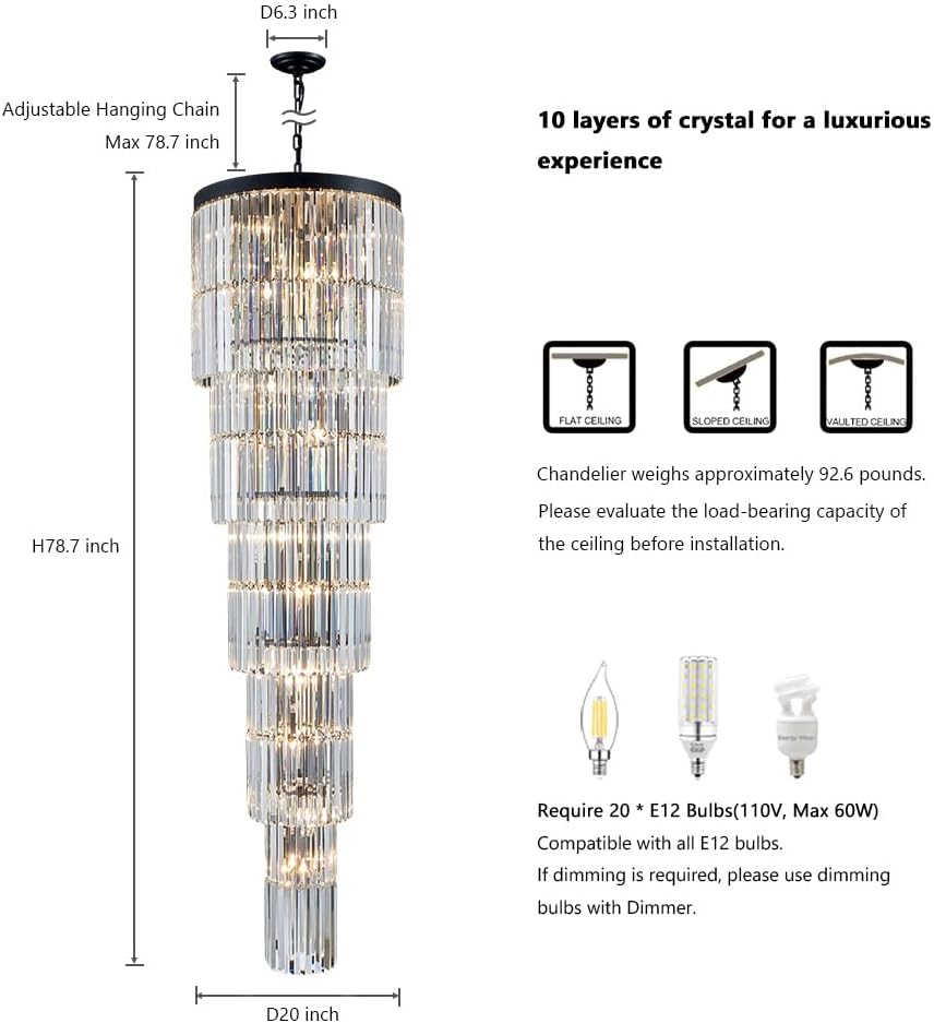 Luxury Modern Long Staircase K9 Chandeliers Black Top Design 10-Tier Large Fo...