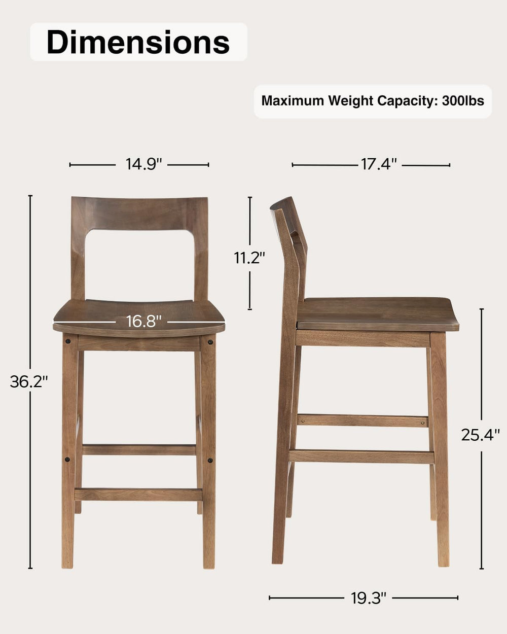Wood Barstools Set of 4, Counter Height Bar Stools Armless Farmhouse Wooden B...