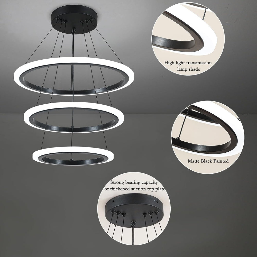 O'NEELDY Modern 3 Ring LED 52W Black Pendant Light with Irregular Ring Li...