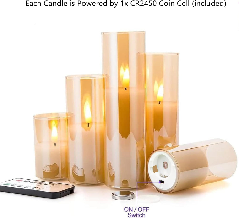 Eywamage Amber Gold Glass Flameless Pillar Candles with Remote Set of 5