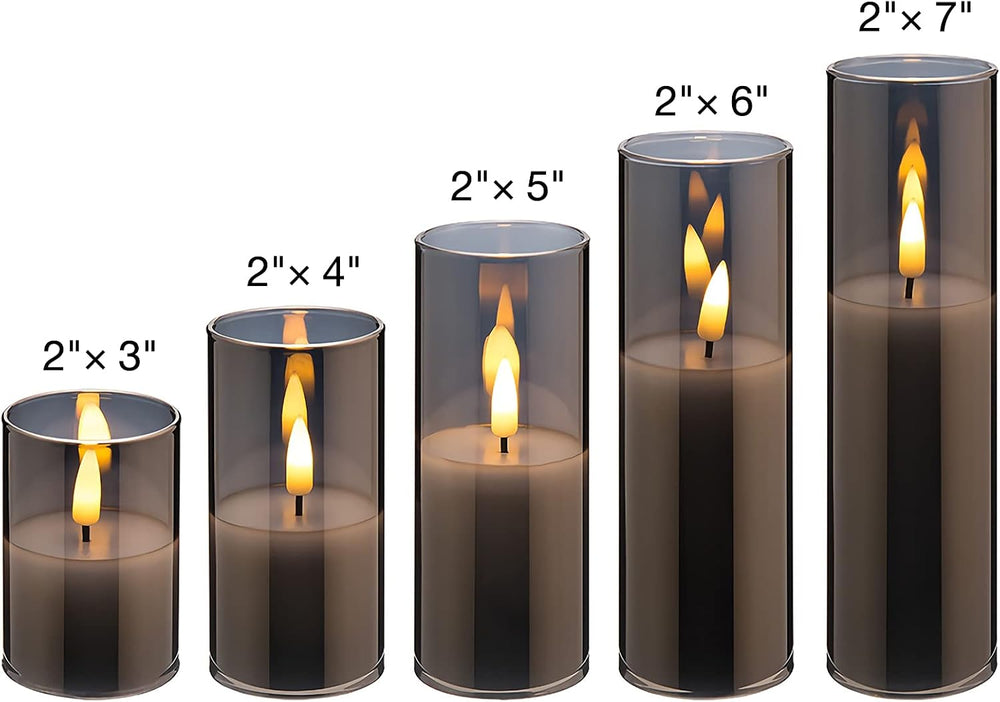 Eywamage Grey Glass Flameless Pillar Candles with Remote Batteries Set of 5