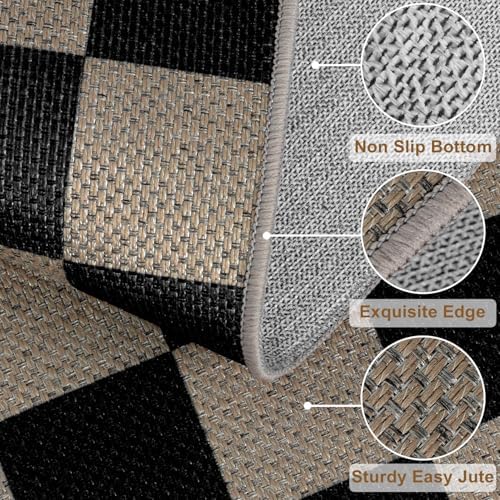 Rugalia Easy Jute Checkered Runner Rug, 2.6x8 Black Modern Washable Rugs Runn...