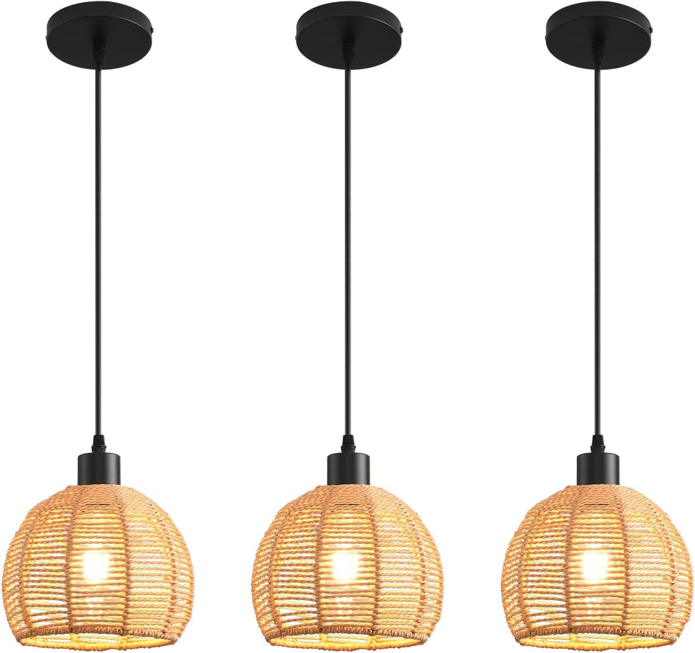 Woven Pendant Light Boho Chandelier, Rattan Pendant Lights Kitchen Island, Fa...