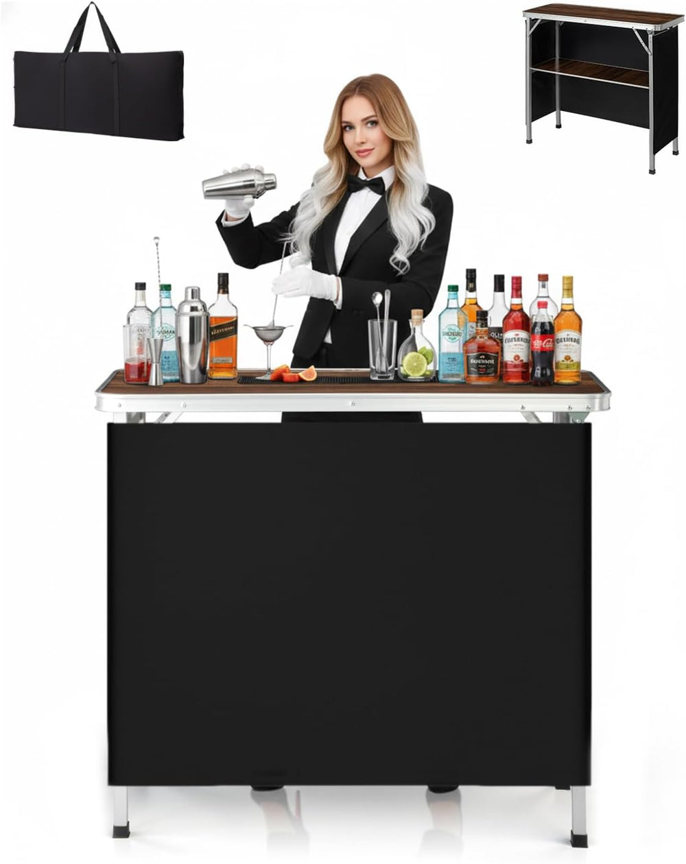 Outvita Portable Bar Table with 2 Tier Shelves & Black Skirt for Party