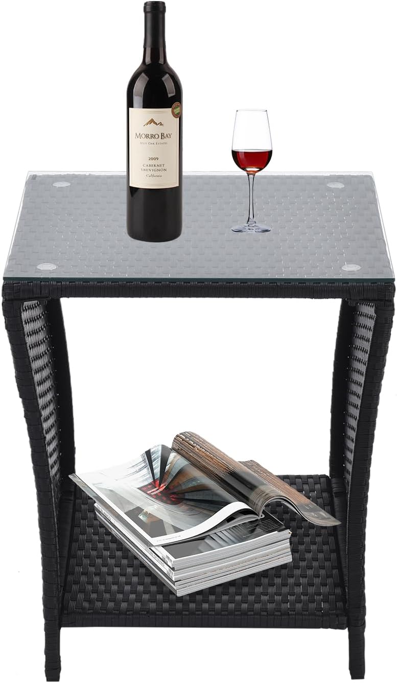 Patio Wicker Storage Side Table,Outdoor PE Rattan Woven Coffee End Table with...