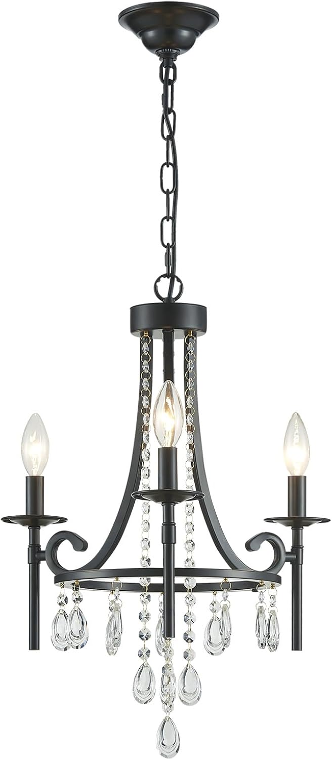 Small Crystal Chandelier, 3-Lights Modern Black Chandeliers for Dinning Room,...