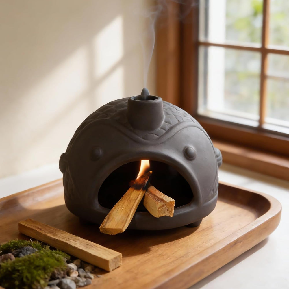 Black Fish-Shaped Palo Santo Holder, Decorative Sage Burner with Chimney