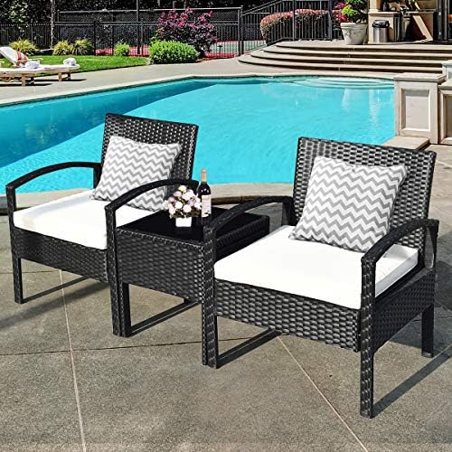 Tangkula 3 Piece Patio Conversation Set, Outdoor Rattan Sofa Set with White S...