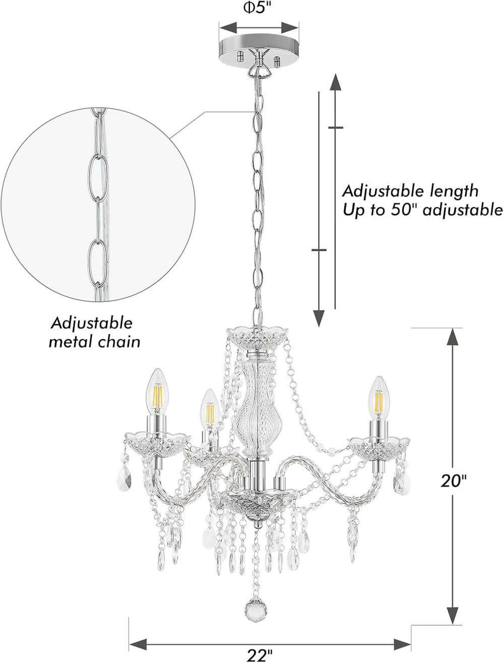 Luvkczc Chandeliers for Dining Room, 3-Light Acrylic Ceiling Light Adjustable...