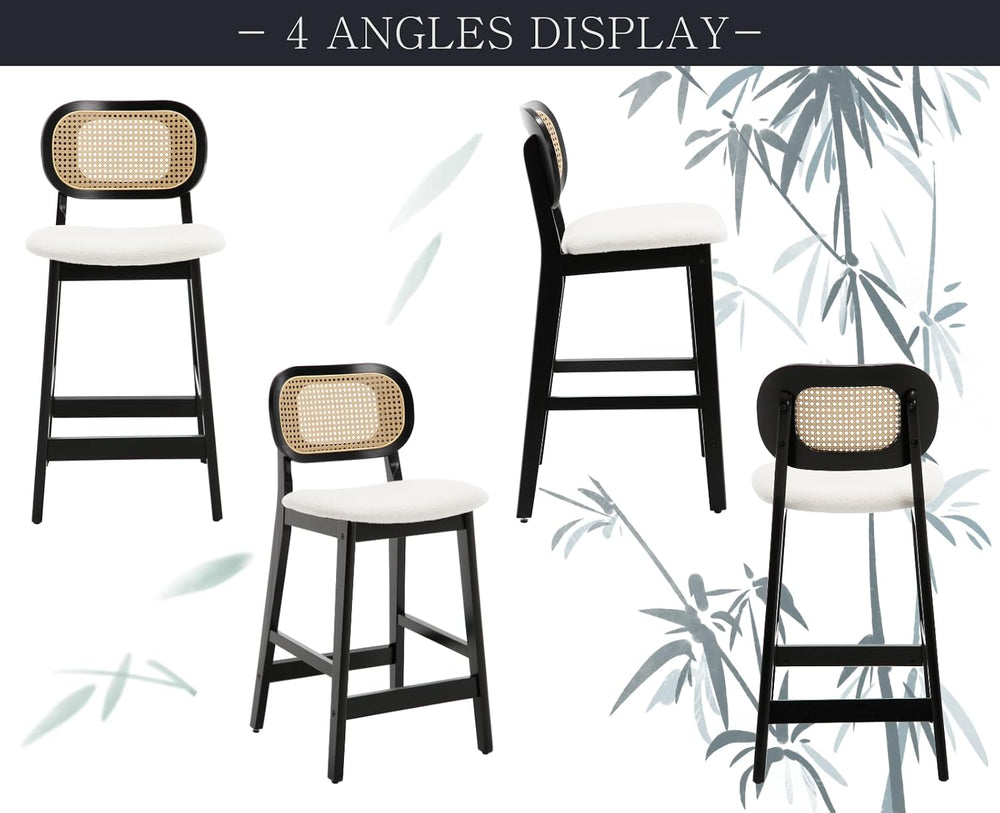 Shunzhi Rattan Counter Height Bar Stools Set of 2, Upholstered Sherpa Barstoo...