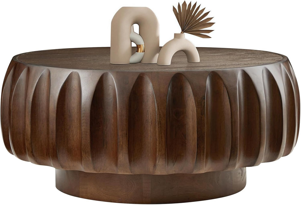 LKTART 31.5" Round Coffee Table with Solid Wood Veneer, Walnut